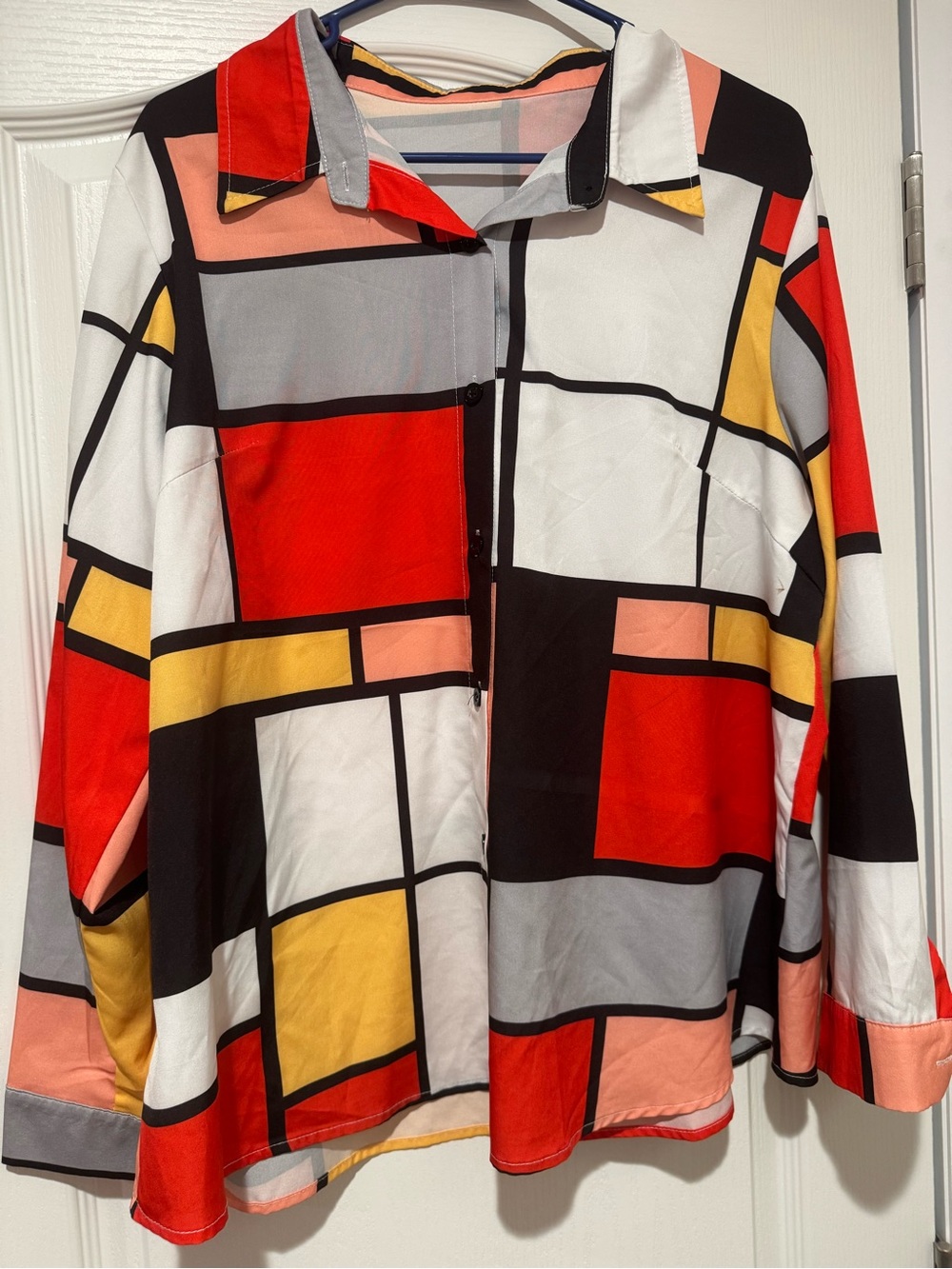 Geometric Colorblock Button-Up Blouse in Red, Yellow, Black, Gray, White